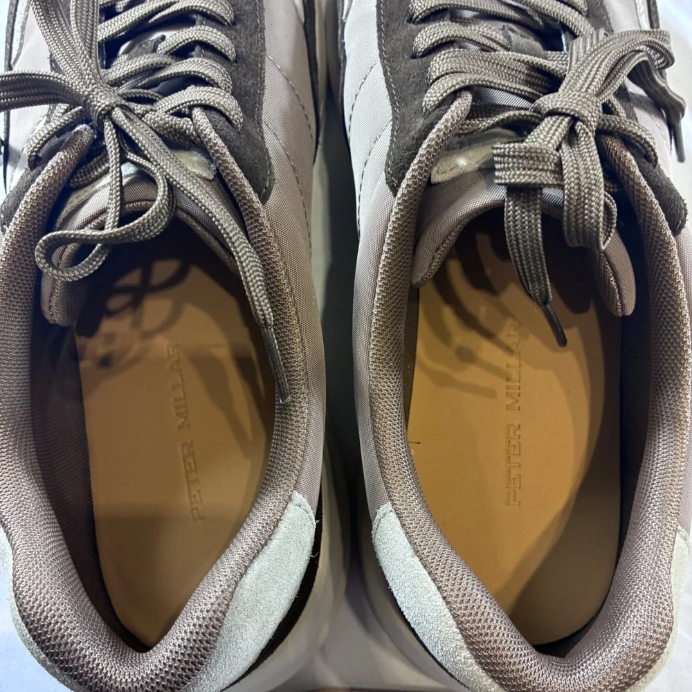 Peter Millar Apollo Sneakers Mens 13 Brown Tan Leather Fabric MF25EF31 Low Top